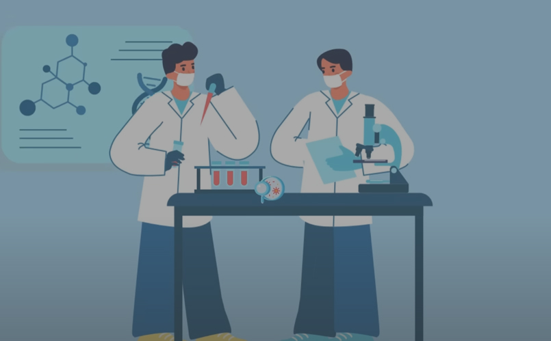 two scientists with pipettes and microscope